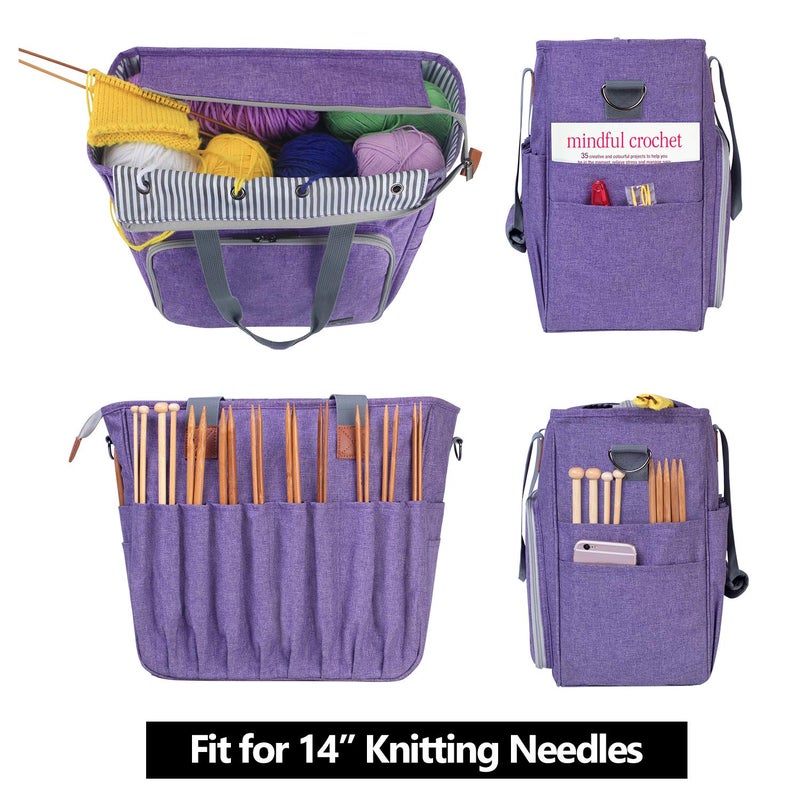 LUXJA Knitting Bag with Shoulder Straps, Yarn Bag for Carrying Projects, Knitting Needles, Crochet Hooks and Other Accessories, Purple - Image 3